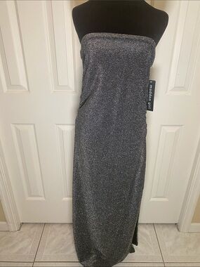 NWT Madden Girl Silver Sparkle Strapless Maxi Gown